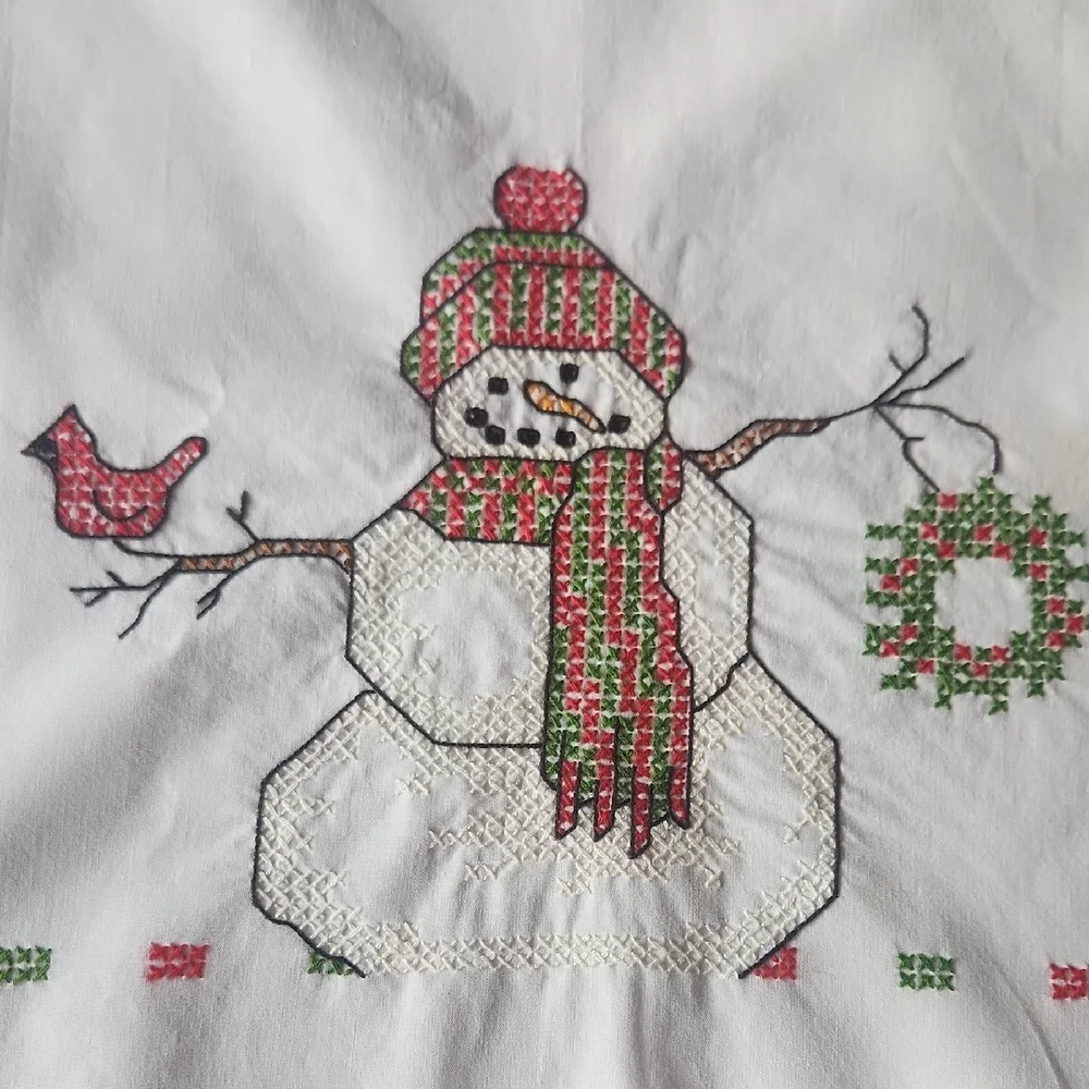 Vtg Festive Snowman Embroidered Holiday Tea Towel